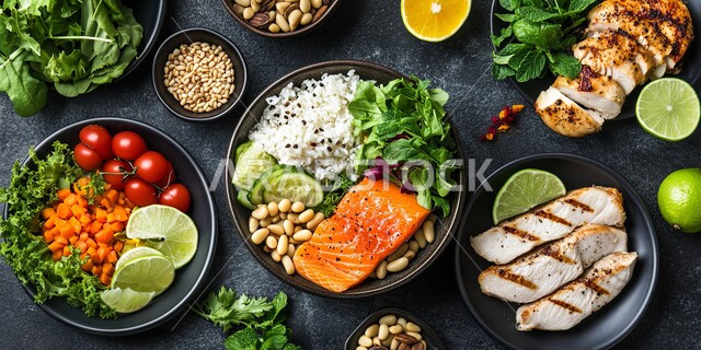 أطباق تحضير وجبات صحية مع السلمون والدجاج والأرز والخضروات، وجبات الطعام الشهية،  وصفات وأطباق شهية ولذيذة، فنون التقديم في مطاعم ومطابخ المملكة العربيه السعودية، مأكولات بحرية و صحية