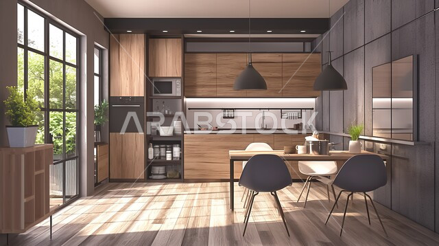 الديكورات العصرية للمطابخ الفاخرة في المملكة العربية السعودية، الأضواء المعلقة وتناسق الألوان, أثاث منزلي راقي، شقق وفلل سكنية مميزة، تصميم داخلي لمطبخ على الطراز الحديث بألأوان هادئة، فنادق ومنتجعات فخمة