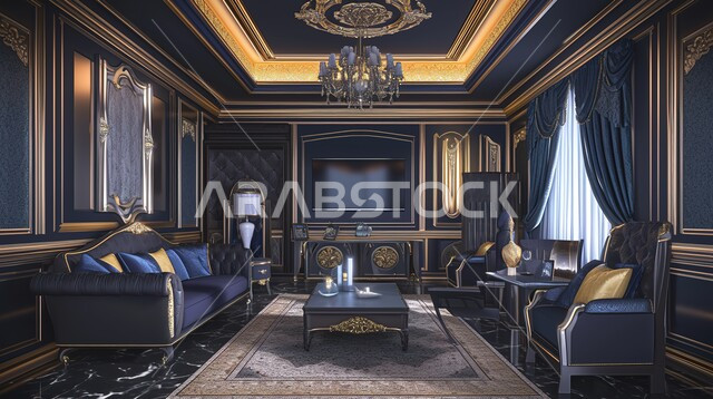 غرفة معيشة مع أثاث منزلي فاخر باللون الاسود , الديكورات الداخلية الراقية للفلل والشقق السكنية في المملكة العربية السعودية, اكسسوارات وتحف عصرية, التصاميم الأنيقة لغرفة الجلوس المريحة على الطراز الحديث