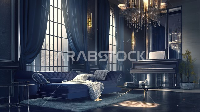 Living room with luxury black home furniture, high-end interior decorations for villas and residential apartments in Saudi Arabia, modern accessories and antiques, elegant designs for a comfortable living room in a modern style