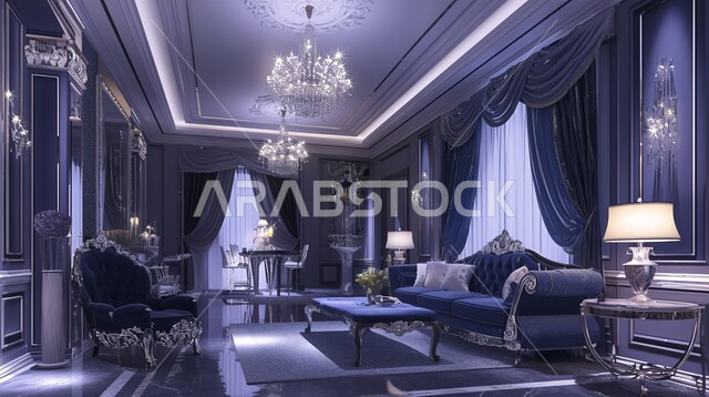 غرفة معيشة مع أثاث منزلي فاخر باللون الكحلي , الديكورات الداخلية الراقية للفلل والشقق السكنية في المملكة العربية السعودية, اكسسوارات وتحف عصرية, التصاميم الأنيقة لغرفة الجلوس المريحة على الطراز الحديث