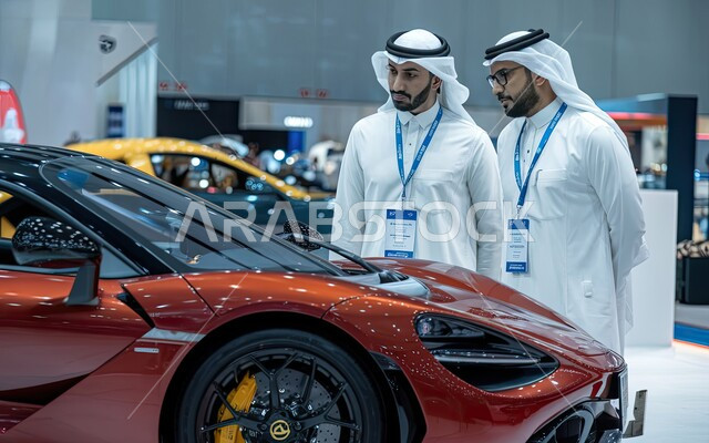 فعاليات حضور إفتتاح معرض للسيارات الكهربائية الحديثة والفخمة في السعودية، جذب الزوار من مختلف المناطق والبلدان، رجلان عربيان خليجيان سعوديان يرتديان الزي التقليدي يفحصان سيارة رياضية حمراء أنيقة في معرض للسيارات 