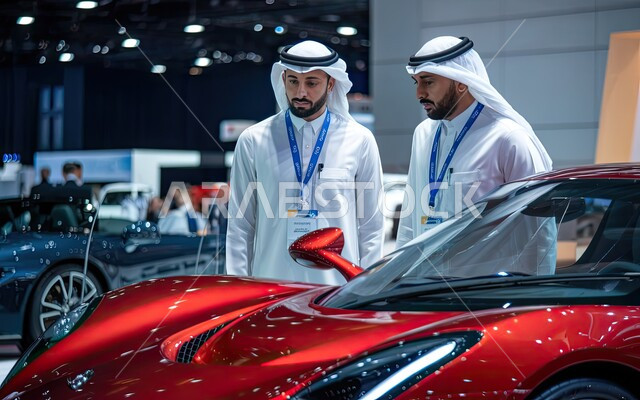 فعاليات حضور إفتتاح معرض للسيارات الكهربائية الحديثة والفخمة في السعودية، جذب الزوار من مختلف المناطق والبلدان، رجلان عربيان خليجيان سعوديان يرتديان الزي التقليدي يفحصان سيارة رياضية حمراء أنيقة في معرض للسيارات 