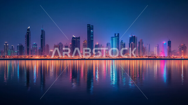 منظر تخيلي مستقبلي للتقدم و النمو العمراني, رؤية مستقبلية سعودية 2030، مفهوم التطور الهندسي المعماري في مدينة الرياض، المباني والأبراج والمنشآت التجارية الشاهقة المعكوسة على سطح المياه الهادئة، التصاميم و الفنون الهندسية الحديثة لناطحات السحاب في السعودية