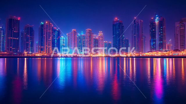 منظر تخيلي مستقبلي للتقدم و النمو العمراني, رؤية مستقبلية سعودية 2030، مفهوم التطور الهندسي المعماري في مدينة الرياض، المباني والأبراج والمنشآت التجارية الشاهقة المعكوسة على سطح المياه الهادئة، التصاميم و الفنون الهندسية الحديثة لناطحات السحاب في السعودية