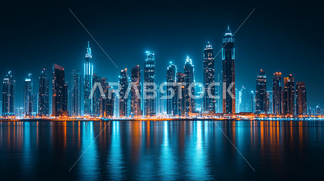 منظر تخيلي مستقبلي للتقدم و النمو العمراني, رؤية مستقبلية سعودية 2030، مفهوم التطور الهندسي المعماري في مدينة الرياض، المباني والأبراج والمنشآت التجارية الشاهقة المعكوسة على سطح المياه الهادئة، التصاميم و الفنون الهندسية الحديثة لناطحات السحاب في السعودية