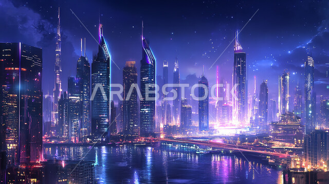 منظر تخيلي مستقبلي للتقدم و النمو العمراني, رؤية مستقبلية سعودية 2030، مفهوم التطور الهندسي المعماري في مدينة الرياض، المباني والأبراج والمنشآت التجارية الشاهقة المعكوسة على سطح المياه الهادئة، التصاميم و الفنون الهندسية الحديثة لناطحات السحاب في السعودية