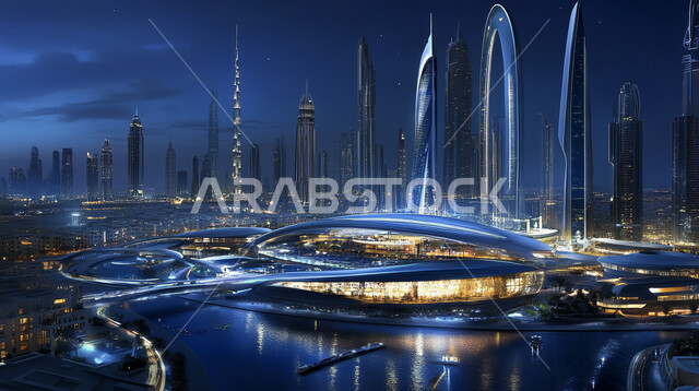 منظر تخيلي مستقبلي للتقدم و النمو العمراني, رؤية مستقبلية سعودية 2030، مفهوم التطور الهندسي المعماري في مدينة الرياض، المباني والأبراج والمنشآت التجارية الشاهقة المعكوسة على سطح المياه الهادئة، التصاميم و الفنون الهندسية الحديثة لناطحات السحاب في السعودية