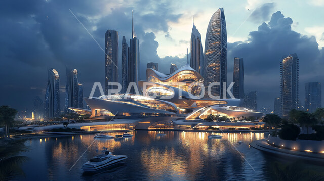 منظر تخيلي مستقبلي للتقدم و النمو العمراني, رؤية مستقبلية سعودية 2030، مفهوم التطور الهندسي المعماري في مدينة الرياض، المباني والأبراج والمنشآت التجارية الشاهقة المعكوسة على سطح المياه الهادئة، التصاميم و الفنون الهندسية الحديثة لناطحات السحاب في السعودية