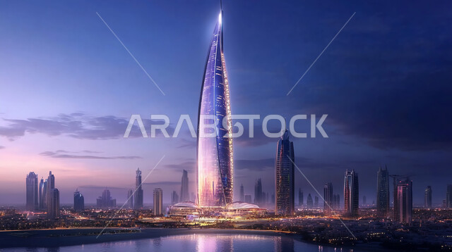 A vibrant futuristic cityscape at night, featuring towering skyscrapers illuminated with neon lights reflecting on a calm river below، The skyline is a blend of modern architecture and high-tech ele.