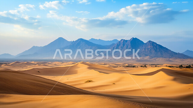 المرتفعات و التضاريس والقمم الجبلية في البراري، التلال و الهضاب من الرمال الناعمة الذهبية، مناطق البادية والبيئة الطبيعية الصحراوية في وقت النهار ,التكوينات والتشكيلات الرملية في صحراء المملكة العربية السعودية، خلفية الطبيعة