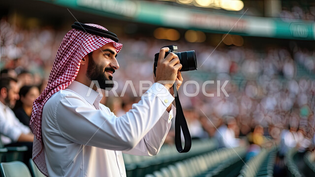 مشاهدة مباريات كرة القدم، صورة من الجانب لرجل عربي خليجي سعودي يرتدي الزي التقليدي يحمل بيده كاميرة تصوير ويقوم بتوثيق اللحظات الصور التذكارية، ملاعب وأندية سعودية، أنشطة رياضية شبابية، قضاء أوقات ممتعة بالملعب 