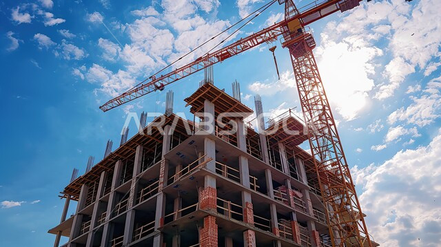 اعمال البناء وصب الخرسانات ووضع الأساسات، الآلات والمعدات الثقيلة والرافعات والسقالات العالية, مبنى قيد الانشاء في المملكة العربية السعودية, مفهوم الهندسة الانشائية والمعمارية، تنفيذ مخطط الإعمار وتشكيل الهيكل المعدني