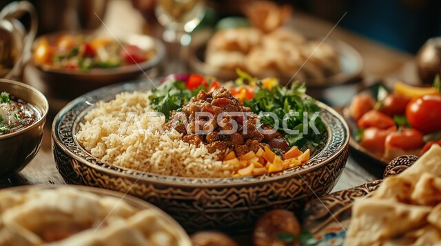وصفات تقليدية مشهورة في مطاعم المملكة العربية السعودية ،وجبات وأطباق شعبية ،فن الطهي للمأكولات العربية الشرقية، طبق من الأرز الأبيض مع الخضروات وقطع اللحم المطهية، أكلات غذائية غنية بالبروتين
