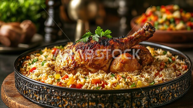 وصفات تقليدية مشهورة في مطاعم المملكة العربية السعودية، وجبات وأطباق شعبية، فن الطهي للمأكولات العربية الشرقية، طبق من قطع الدجاج مع الارز، أكلات غذائية غنية بالبروتين