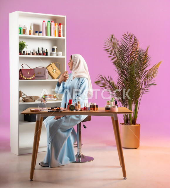 روائح عطور وطنية فخمة، فتاه عربية خليجية عمانية محجبة ترتدي عباءة زرقاء تحمل بيدها زجاجة عطر، مفهوم الانوثه والاهتمام بالمظهر الخارجي, أدوات تجميل نسائيه عصريه، التسويق لمنتجات التجميل, مكياج وميكاب تتوريال, صالون نسائي راقي