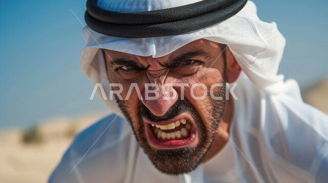 نظرات التحدي والقوة، صورة مقربة لرجل عربي خليجي سعودي يرتدي الثوب التقليدي ينظر إلى الكاميرا بإيماءات الغضب والانزعاج، مفهوم عدم القبول والرضا، تعابير العبوس بالوجه، ردات فعل قوية 