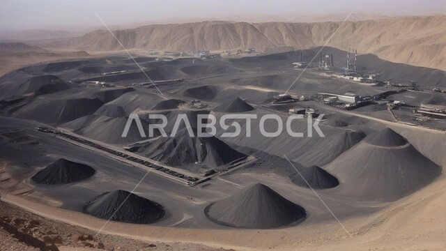 أماكن مناجم الفحم الطبيعي، مناطق التنقيب عن الثروات الباطنية، الطبيعة الصخرية وتضاريس السلاسل الجبلية، المرتفعات وقمم الجبال في المملكة العربية السعودية، مجموعة من سيارات الشحن الكبيرة تقوم بالعمل في موقع التعدين، التخلص من الأتربة والصخور ونقلها بعيدا