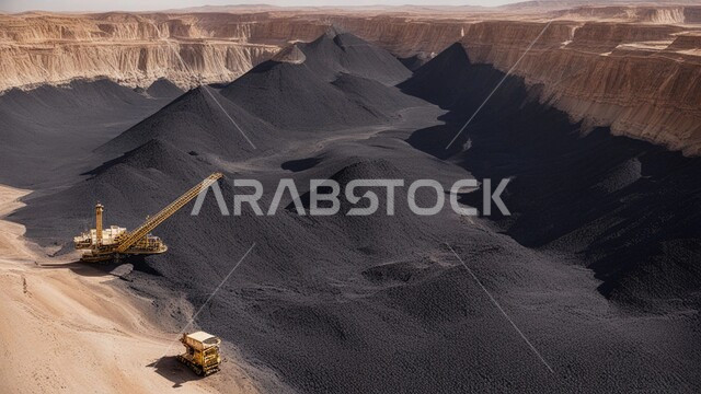 أماكن مناجم الفحم الطبيعي، مناطق التنقيب عن الثروات الباطنية، الطبيعة الصخرية وتضاريس السلاسل الجبلية، المرتفعات وقمم الجبال في المملكة العربية السعودية، مجموعة من سيارات الشحن الكبيرة تقوم بالعمل في موقع التعدين، التخلص من الأتربة والصخور ونقلها بعيدا