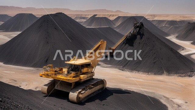 أماكن مناجم الفحم الطبيعي، مناطق التنقيب عن الثروات الباطنية، الطبيعة الصخرية وتضاريس السلاسل الجبلية، المرتفعات وقمم الجبال في المملكة العربية السعودية، مجموعة من سيارات الشحن الكبيرة تقوم بالعمل في موقع التعدين، التخلص من الأتربة والصخور ونقلها بعيدا