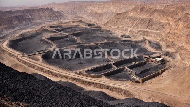 أماكن مناجم الفحم الطبيعي، مناطق التنقيب عن الثروات الباطنية، الطبيعة الصخرية وتضاريس السلاسل الجبلية، المرتفعات وقمم الجبال في المملكة العربية السعودية، مجموعة من سيارات الشحن الكبيرة تقوم بالعمل في موقع التعدين، التخلص من الأتربة والصخور ونقلها بعيدا