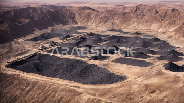 أماكن مناجم الفحم الطبيعي، مناطق التنقيب عن الثروات الباطنية، الطبيعة الصخرية وتضاريس السلاسل الجبلية، المرتفعات وقمم الجبال في المملكة العربية السعودية، مجموعة من سيارات الشحن الكبيرة تقوم بالعمل في موقع التعدين، التخلص من الأتربة والصخور ونقلها بعيدا