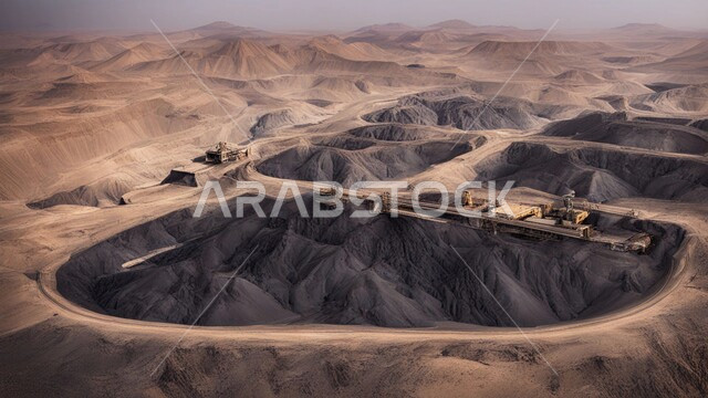 أماكن مناجم الفحم الطبيعي، مناطق التنقيب عن الثروات الباطنية، الطبيعة الصخرية وتضاريس السلاسل الجبلية، المرتفعات وقمم الجبال في المملكة العربية السعودية، مجموعة من سيارات الشحن الكبيرة تقوم بالعمل في موقع التعدين، التخلص من الأتربة والصخور ونقلها بعيدا