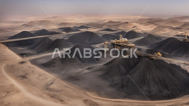 أماكن مناجم الفحم الطبيعي، مناطق التنقيب عن الثروات الباطنية، الطبيعة الصخرية وتضاريس السلاسل الجبلية، المرتفعات وقمم الجبال في المملكة العربية السعودية، مجموعة من سيارات الشحن الكبيرة تقوم بالعمل في موقع التعدين، التخلص من الأتربة والصخور ونقلها بعيدا