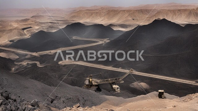 أماكن مناجم الفحم الطبيعي، مناطق التنقيب عن الثروات الباطنية، الطبيعة الصخرية وتضاريس السلاسل الجبلية، المرتفعات وقمم الجبال في المملكة العربية السعودية، مجموعة من سيارات الشحن الكبيرة تقوم بالعمل في موقع التعدين، التخلص من الأتربة والصخور ونقلها بعيدا