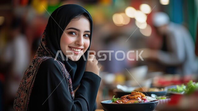 قضاء الأوقات الممتعة في المطعم, الاستمتاع بالأنشطة الترفيهية, امرأة عربية خليجية سعودية محجبة ترتدي العباءة السوداء تجلس على المائدة وتنظر إلى الكاميرا بايماءات السعادة والسرور, تشكيلة متنوعة و مختلفة من المأكولات, مطاعم و كافيهات مميزة في المملكة