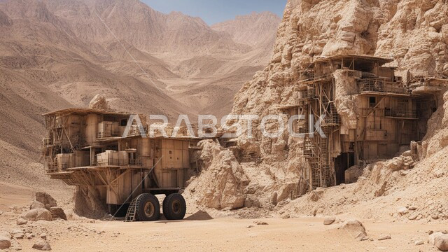 سيارة شحن كبيرة تقوم بالعمل في موقع التعدين، مناطق التنقيب عن الثروات الباطنية، الطبيعة الصخرية وتضاريس السلاسل الجبلية، المرتفعات وقمم الجبال في المملكة العربية السعودية، التخلص من الأتربة والصخور ونقلها بعيدا