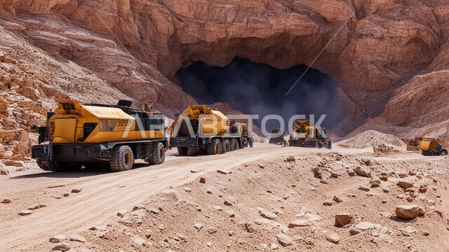 سيارة شحن كبيرة تقوم بالعمل في موقع التعدين، مناطق التنقيب عن الثروات الباطنية، الطبيعة الصخرية وتضاريس السلاسل الجبلية، المرتفعات وقمم الجبال في المملكة العربية السعودية، التخلص من الأتربة والصخور ونقلها بعيدا