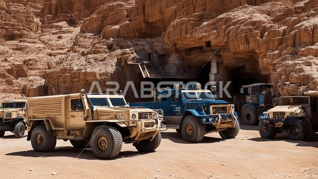 سيارة شحن كبيرة تقوم بالعمل في موقع التعدين، مناطق التنقيب عن الثروات الباطنية، الطبيعة الصخرية وتضاريس السلاسل الجبلية، المرتفعات وقمم الجبال في المملكة العربية السعودية، التخلص من الأتربة والصخور ونقلها بعيدا