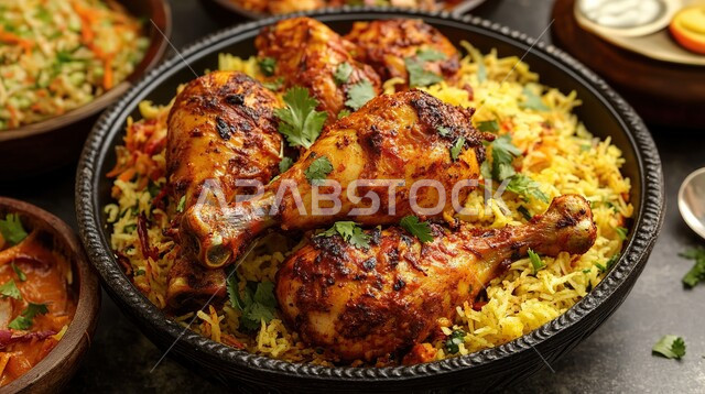 ولائم وأطباق عربية تقليدية شعبية، طبق من أرز الكبسة مع قطع الدجاج المزين والخضروات، وصفات المأكولات والوجبات الشرقية الشهية، مطابخ ومطاعم المملكة العربية السعودية، صحن من البرياني باللحم الدسم، مهارة إعداد وصفة المندي الخليجي المشهورة بالتوابل الغنية بالنكهات