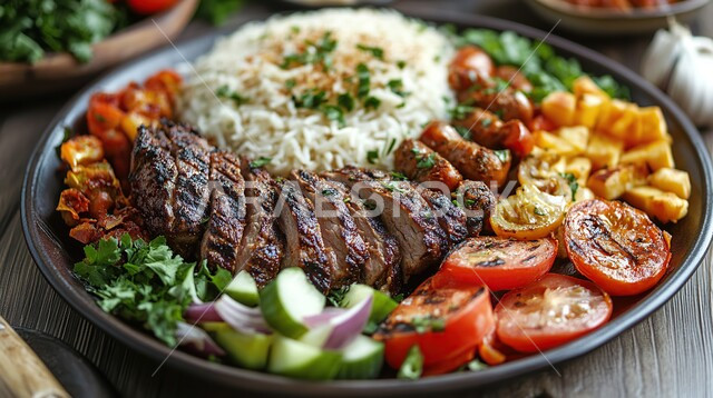فنون تقديم الطعام في مطاعم المملكة العربية السعودية، المأكولات الشرقية الشهية، وصفات الأطعمة التقليدية, الأكلات الصحية اللذيذة, وجبات وأطباق شعبية، طبق من لحم الضأن المشوي مع الخضار والأرز