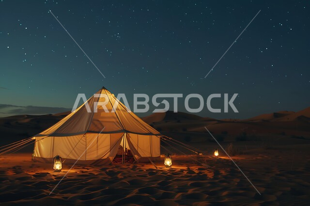 أجواء ليلية شتوية هادئة مع إضاءة ، الرمال الذهبية الناعمة، مخيمات سياحية في المناطق البرية، كشتة و جلسة بر شبابية، التخييم في صحاري المملكة العربية السعودية، خيمة بدوية شعبية مضيئة وسط الصحراء، منظر السماء المليئ فى بالنجوم ليلا