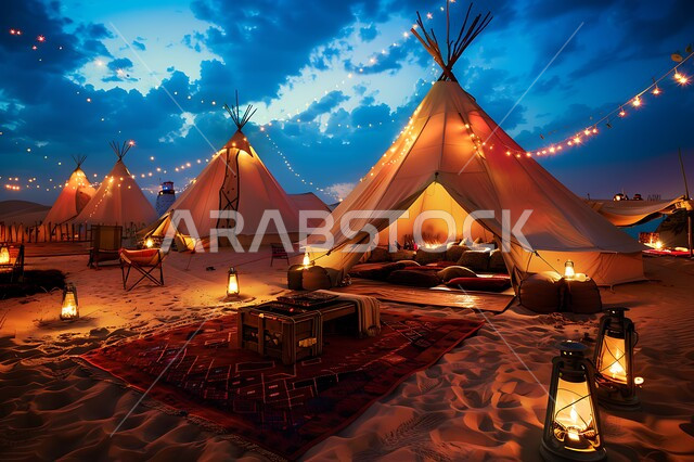أجواء ليلية شتوية هادئة مع إضاءة ، الرمال الذهبية الناعمة، مخيمات سياحية في المناطق البرية، كشتة و جلسة بر شبابية، التخييم في صحاري المملكة العربية السعودية، خيمة بدوية شعبية مضيئة وسط الصحراء، منظر السماء المليئ فى بالنجوم ليلا