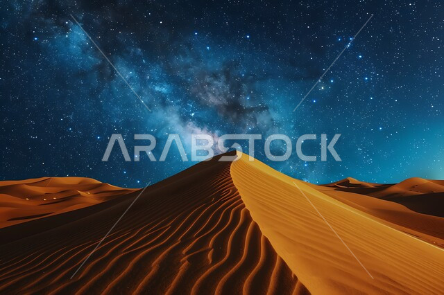 منظر لمجرة درب التبانة والنجوم اللامعة في سماء السعوديه, التضاريس والمرتفعات والكثبان الرملية في المملكة وقت الليل، الرمال الذهبية الناعمة، البيئة الصحراوية في الصحراء العربية، خلفية الطبيعة
