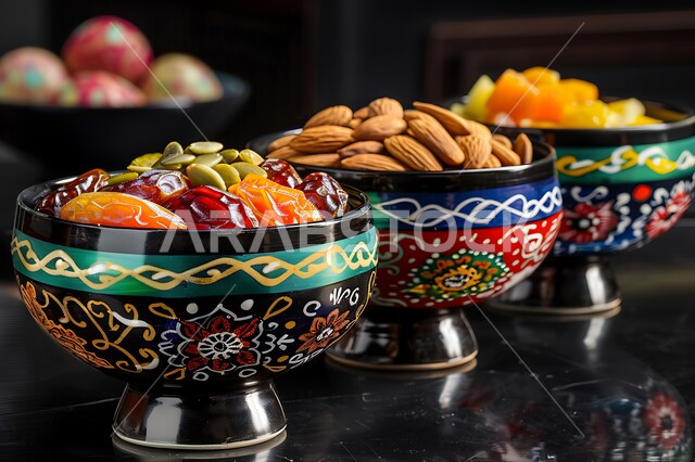 طبق متنوع من التمور والمكسرات اللذيذة، ضيافة رمضانية شهية، غذاء صحي ومفيد، وجبة ذات قيمة غذائية عالية، مصدر للدهون الصحية الطبيعية، منتجات ومحاصيل زراعية محلية سعودية وطنية، صورة مقربة لأطباق مليئة بالتمر والفواكه المجففة الطازجة