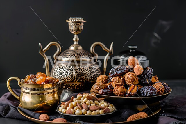 طبق متنوع من التمور والمكسرات اللذيذة، ضيافة رمضانية شهية، غذاء صحي ومفيد، وجبة ذات قيمة غذائية عالية، مصدر للدهون الصحية الطبيعية، منتجات ومحاصيل زراعية محلية سعودية وطنية، صورة مقربة لأطباق مليئة بالتمر والفواكه المجففة الطازجة