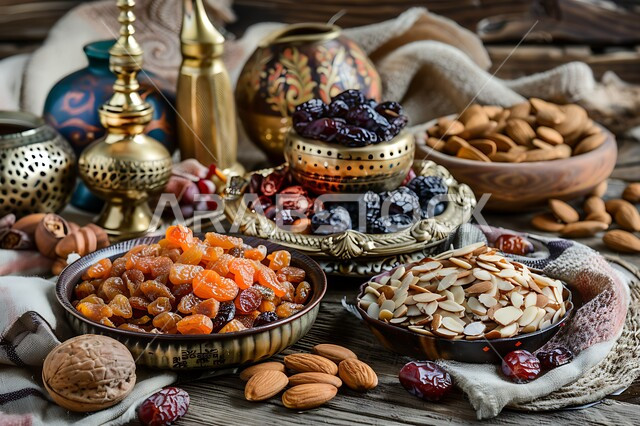 طبق متنوع من التمور والمكسرات اللذيذة، ضيافة رمضانية شهية، غذاء صحي ومفيد، وجبة ذات قيمة غذائية عالية، مصدر للدهون الصحية الطبيعية، منتجات ومحاصيل زراعية محلية سعودية وطنية، صورة مقربة لأطباق مليئة بالتمر والفواكه المجففة الطازجة