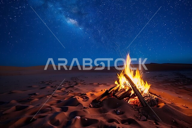 Quiet night atmosphere in front of a firewood flame in the desert, places of adventure and wild outings, tourist camps in the deserts of the Kingdom of Saudi Arabia, enjoyable youth camping atmosphere, nature and soft golden sands, a view of the starry sky at night