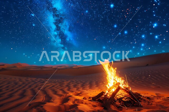 Quiet night atmosphere in front of a firewood flame in the desert, places of adventure and wild outings, tourist camps in the deserts of the Kingdom of Saudi Arabia, enjoyable youth camping atmosphere, nature and soft golden sands, a view of the starry sky at night