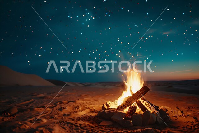 أجواء ليلية هادئة أمام شعلة الحطب في الصحراء، أماكن المغامرات والكشتات البرية، مخيمات سياحية في صحاري المملكة العربية السعودية، أجواء التخييم الشبابية الممتعه، الطبيعة والرمال الذهبية الناعمة، منظر السماء المرصعة بالنجوم ليلا