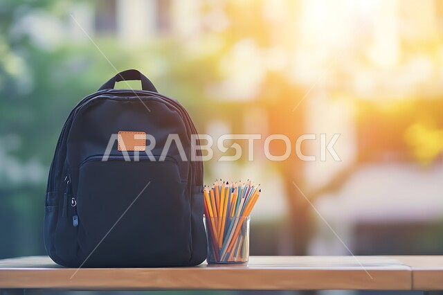 Preparing for the new school year, reviewing daily lessons, developing curricula and educational materials in Saudi Arabia, love of learning and teaching, the role of schools in building good values ​​and morals for students, close-up of a school bag and a set of colored pencils