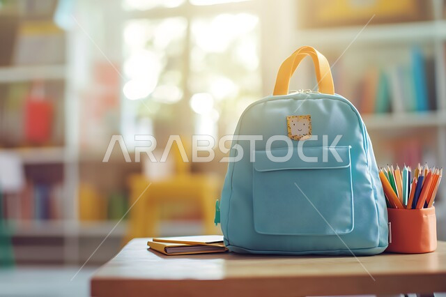 الاستعداد للعام الدراسي الجديد، مراجعة الدروس اليومية، تطوير المناهج والمواد التعليمية في السعوديه، حب التعلم والتعليم، دور المدارس في بناء القيم والأخلاق الحسنه للطلاب، صورة مقربة لحقيبة مدرسية ومجموعة أقلام ملونة