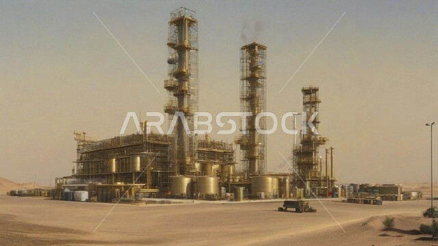 اعتماد التقنيات والتكنولوجيا الحديثة في إنتاجية النفط والغاز، الكثبان الرمليه الناعمة الذهبية، التطور الهندسي والعمراني لمصافي البترول، مصفاة نفط في صحراء المملكة العربية السعودية، ادوات ومعدات ضخمة وحديثة