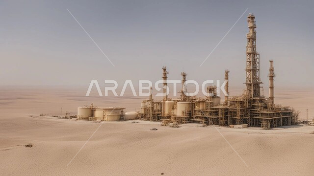 اعتماد التقنيات والتكنولوجيا الحديثة في إنتاجية النفط والغاز، الكثبان الرمليه الناعمة الذهبية، التطور الهندسي والعمراني لمصافي البترول، مصفاة نفط في صحراء المملكة العربية السعودية، ادوات ومعدات ضخمة وحديثة