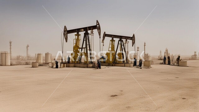 اعتماد التقنيات والتكنولوجيا الحديثة في إنتاجية النفط والغاز، الكثبان الرمليه الناعمة الذهبية، التطور الهندسي والعمراني لمصافي البترول، مصفاة نفط في صحراء المملكة العربية السعودية، ادوات ومعدات ضخمة وحديثة