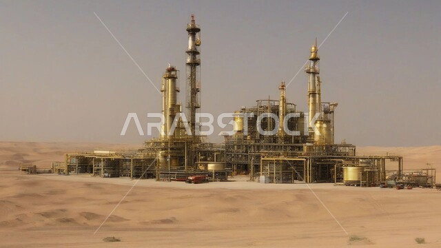 اعتماد التقنيات والتكنولوجيا الحديثة في إنتاجية النفط والغاز، الكثبان الرمليه الناعمة الذهبية، التطور الهندسي والعمراني لمصافي البترول، مصفاة نفط في صحراء المملكة العربية السعودية، ادوات ومعدات ضخمة وحديثة